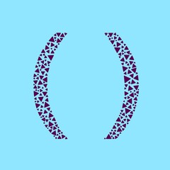 Mosaic-style parentheses made of small purple triangles on blue background