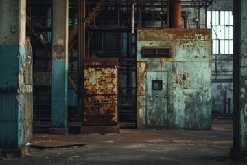 Fototapeta na wymiar Rundown factory with empty space, rusty surroundings. Industrial interior background.