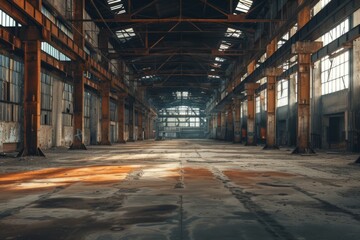 Rundown factory with empty space, rusty surroundings. Industrial interior background.