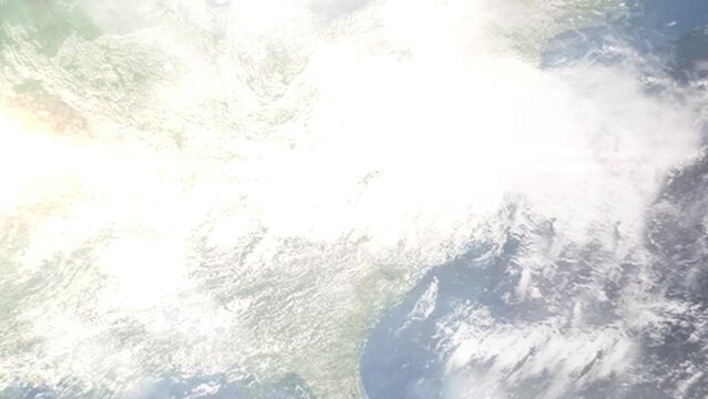 Earth zoom in from space and focus on Lenoir, North Carolina, USA. 3D Animation. Satellite view. Background for travel intro. Images from NASA.