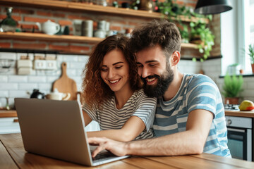 closeup A charming young couple happily using a laptop together in the comfort of their home.