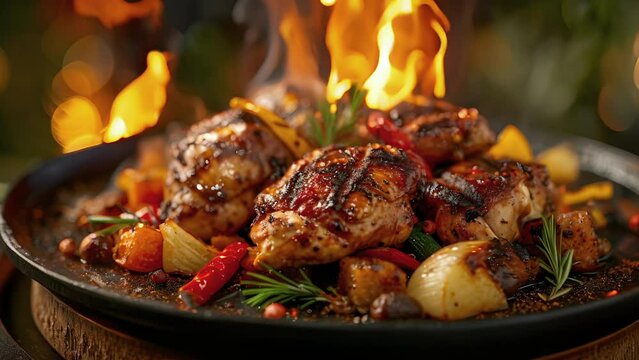 A mouthwatering display of charred and succulent open hearth grilled chicken served with a medley of roasted vegetables that have been perfectly seasoned and cooked to perfection.