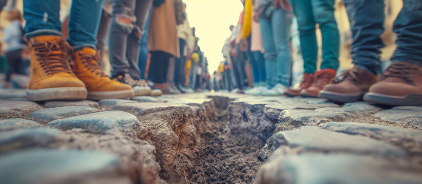 Ground level view showing two groups of people divided by a crack gap on the road - A metaphor for the modern political, social division and polarization 