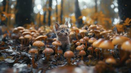 Obraz premium little orange kitten walking in the middle of the forest, fantasy world, mushrooms