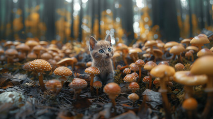 Obraz premium little orange kitten walking in the middle of the forest, fantasy world, mushrooms