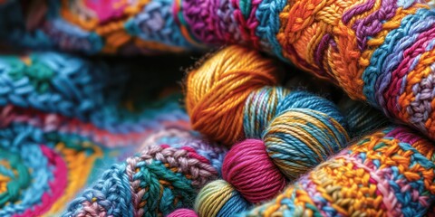Knitting of yarn in a close-up view, displaying a colorful and patterned background, where each stitch merges into a captivating tapestry of hues and textures - obrazy, fototapety, plakaty