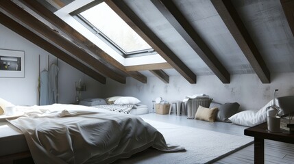 Fototapeta na wymiar Serene Attic Bedroom with Exposed Beams & Skylight