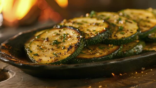 Experience a burst of flavor with each bite of these firekissed zucchini slices served with a side of warmth from the blazing fireplace.