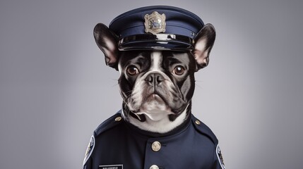 dog, Boston Terrier in police uniform - obrazy, fototapety, plakaty