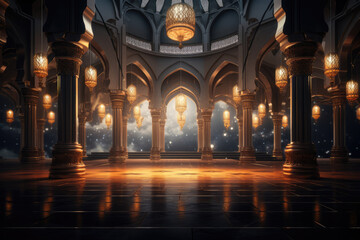 Abstract Islamic interior, lanterns, gate, arches, columns, door. Ramadan Kareem background. Ramadan Lantern. Mosque interior. Beautiful background for Greeting card, banner for muslim holiday