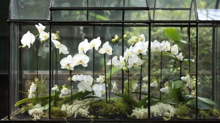 Exquisite White Orchid Flowers Arrangement in Glass Terrarium AI Generated.