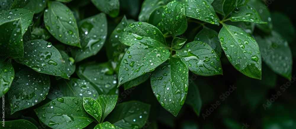 Canvas Prints Macro close up of vibrant green plant leaves with water droplets in natural light