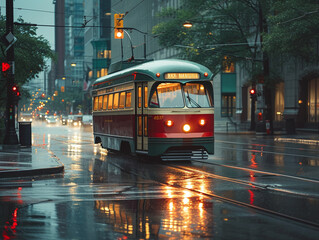 electric powered trolley car in a wet city scene in the afternoon, natural colors