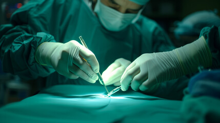 Surgeon hold surgical instruments for operate in operating room with dim light
