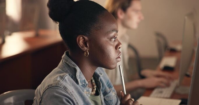 Thinking, computer and business woman with night research, brainstorming or ideas for copywriting project. Creative and serious writer, editor or people in workspace with solution for online startup