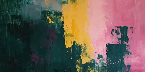 Richly textured layers of paint in yellow  pink and green merging.