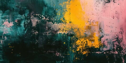 Obraz premium Richly textured layers of paint in yellow pink and green merging.
