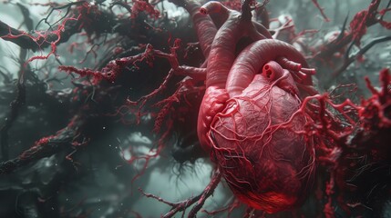 Mystical Heart: Realistic Photos of the Cardiovascular System Amidst Dark Forest Surroundings
