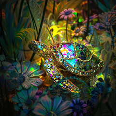 Obraz na płótnie Canvas Emerald Glass Turtle Brooch Amidst Neon Flora
