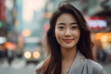 Fototapeta premium Energetic young Asian businesswoman joyfully navigating the city streets, embodying success and dynamism in urban life.