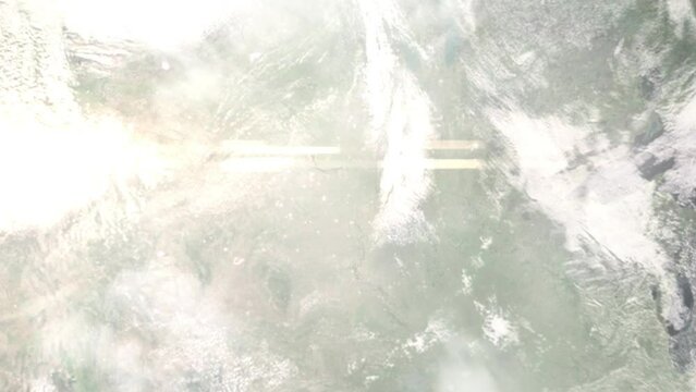 Earth zoom in from space and focus on Mandan, North Dakota, USA. 3D Animation. Satellite view. Background for travel intro. Images from NASA.