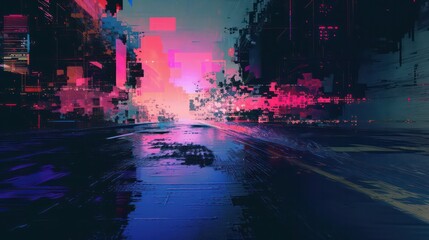 An abstract digital radio wave  emerges, characterized by pixelated noise and glitch effects, creating a visually striking display