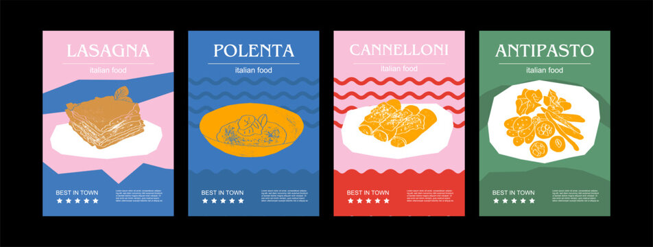 Italian food set vector illustration. Engraved lasagna, polenta, cannelloni, antipasto, bundle of traditional dishes, homemade and restaurant dinner dishes and sauces cooking in cuisine of Italy