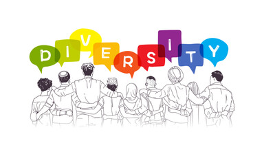 Diversity people with speech bubbles. Hand drawn sketch vector illustration