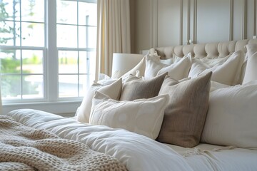 Country charm meets modern elegance in this bedroom with white and cream pillows on the bed, a serene retreat.
