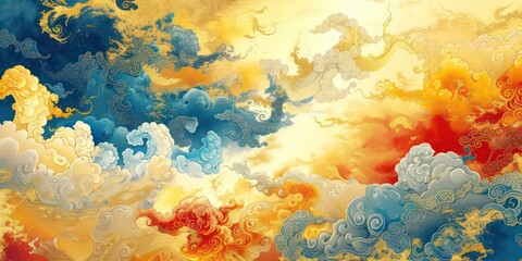 Classic beauty depicted through auspicious clouds in vibrant Chinese style.