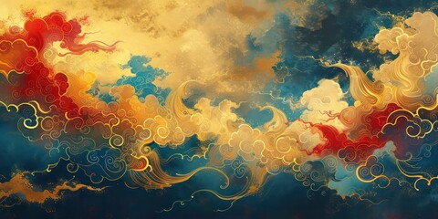 Classic beauty depicted through auspicious clouds in vibrant Chinese style. - obrazy, fototapety, plakaty