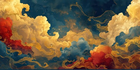 Fototapeta na wymiar Classic beauty depicted through auspicious clouds in vibrant Chinese style.