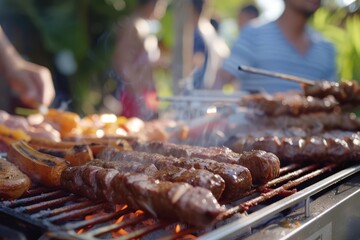 Bbq party scene with friends grilling meat outdoors Capturing the joy and relaxation of weekend gatherings Perfect for themes of friendship and leisure