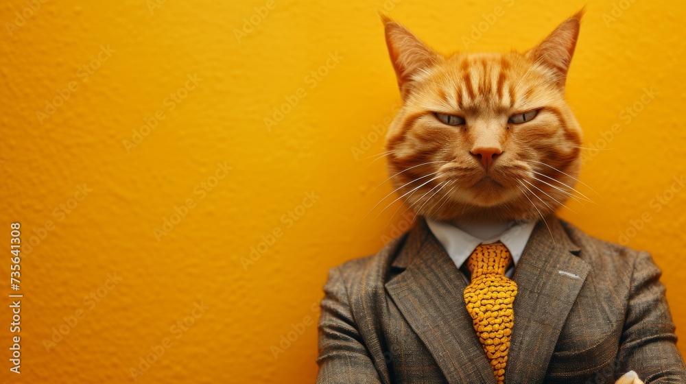 Sticker A cat wearing a suit and tie with yellow background, AI