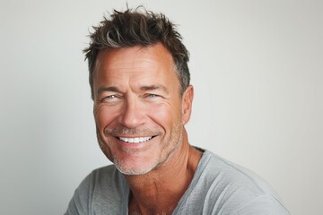 Close-up photo portrait of a handsome mature man smiling with clean teeth Perfect for a dental advertisement Showcasing fresh Stylish hair and a strong jawline against a white background - obrazy, fototapety, plakaty