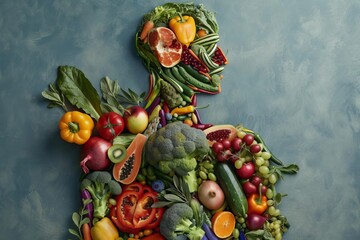 Conceptual illustration of human body made from fruits and vegetables Highlighting the importance of nutrition and health