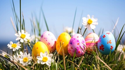Beautiful view of colorful Easter eggs lying in the grass between daisies and dandelions in the sunshine stock photo