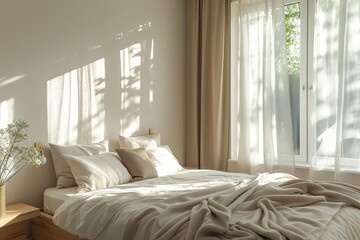 Elegant minimalist bedroom interior with soft neutral tones and natural light
