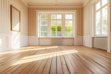 Obraz premium Empty living room with vintage oak flooring and striped vinyl wallpaper Providing a classic yet modern backdrop for interior design and home decor projects