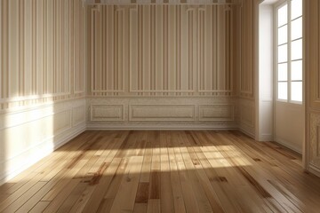 Naklejka premium Empty living room with vintage oak flooring and striped vinyl wallpaper Providing a classic yet modern backdrop for interior design and home decor projects