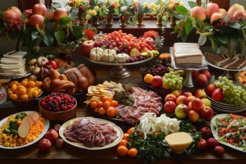 Fototapeta na wymiar Festive catering buffet with a colorful array of fruits and vegetables Meat dishes And desserts Perfect for celebrations and gatherings