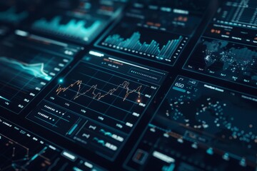 Obraz premium Financial growth analytics dashboard. interactive data visualization with rising stock performance indicators on a dynamic interface Investment trends Real-time economic analysis