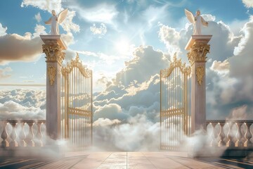 Heavenly reception area illustrated at the pearly gates Welcoming with open arms - obrazy, fototapety, plakaty