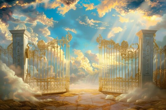 Heavenly reception area illustrated at the pearly gates Welcoming with open arms