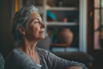 Middle-aged woman practicing meditation at home Focusing on mental well-being and stress relief Illustrating the importance of self-care and mindfulness in everyday life