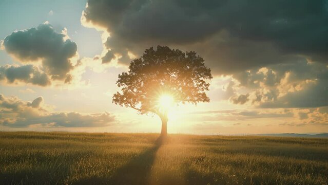 A lone tree stands steadfast against the bright rays of a sunkissed sky.