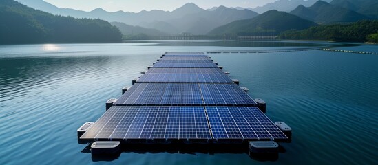 Serene lake with a floating row of solar panels harnessing renewable energy - obrazy, fototapety, plakaty