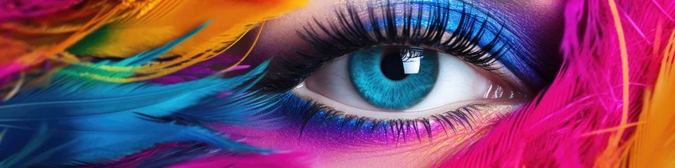 Foto op Aluminium A woman's eye with colorful feathers and a bright blue eye. Generative AI. © serg3d