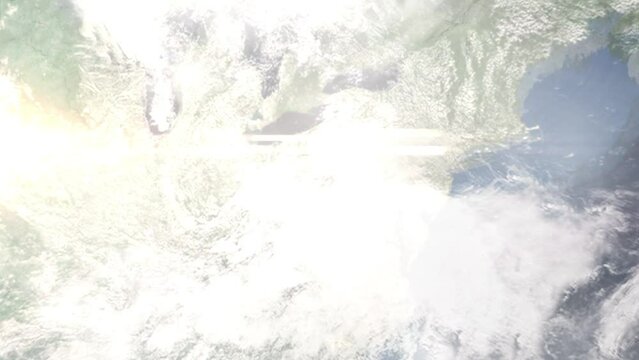 Earth zoom in from space and focus on McKeesport, Pennsylvania, USA. 3D Animation. Satellite view. Background for travel intro. Images from NASA.
