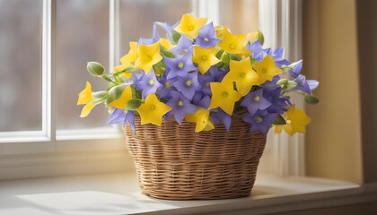 Balloon Flower flowers in wicker basket near window. yellow and purple spring flowers